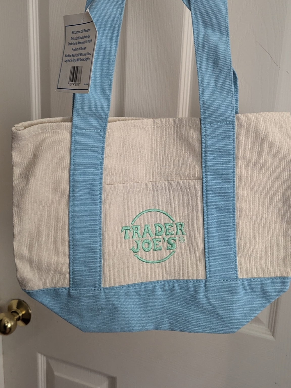 Mini Trader Joe's Cream Canvas Tote with Light Blue Trim